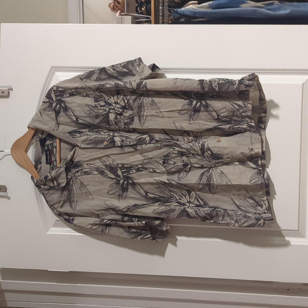 Silk Hawaiian shirt, Ocean Pacific, XL, grey, black, coconut shell buttons